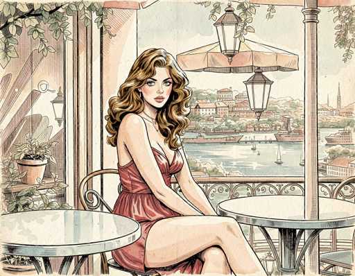 The image is a detailed, cartoon-style drawing of a woman seated on a balcony, likely in a European city. She is wearing a red dress and has long, curly blonde hair. The balcony features two small tables and a large umbrella, with a metal pole extending upwards. To her left, there is a window adorned with a potted plant. The balcony is bordered by a metal railing, and beyond it, a serene body of water can be seen, dotted with sailboats and other vessels. In the background, a picturesque cityscape unfolds, with numerous buildings and a prominent church steeple. The scene is framed by lush greenery, including trees and bushes, adding to the tranquil ambiance.