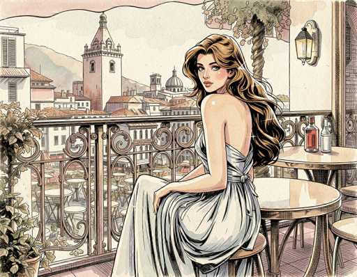 The image depicts a detailed, cartoon-style illustration of a woman seated on a balcony, gazing over her shoulder. She has long, wavy blonde hair cascading down her back and is dressed in a flowing, white dress that drapes elegantly over her shoulders. The dress features a deep V-neckline and a sash tied around her waist. The balcony itself is adorned with a black wrought iron railing, and the floor is covered in pink tiles. To her right, there are two round tables with brown legs, each accompanied by a matching brown chair. One table holds two bottles of alcohol, while the other is empty. The background reveals a picturesque cityscape with various buildings, including a prominent church steeple, and a mountain range in the distance. A tree is visible in the top right corner, adding to the serene atmosphere. The scene is framed by a pink awning, and a light fixture is mounted on the wall behind her. The overall composition exudes a sense of tranquility and elegance.