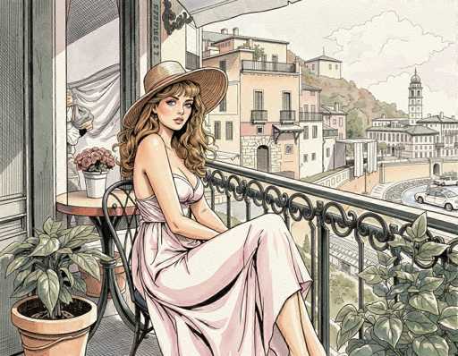 In this detailed illustration, a woman with long, curly blonde hair sits gracefully on a black metal chair on a balcony. She is adorned in a light pink dress and a large, wide-brimmed straw hat, which shades her face as she gazes off to the right. The balcony is decorated with a small table holding a white vase filled with vibrant pink flowers, and a potted plant sits in the bottom left corner. The background reveals a picturesque cityscape with several buildings, including a prominent church steeple, all set against a backdrop of a cloudy sky. The scene is rich in detail, capturing the serene and elegant ambiance of the setting.