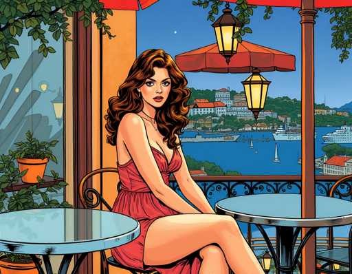 A woman is seated at an outdoor table on a balcony overlooking a cityscape with buildings and boats. The scene is illuminated by red and orange lights from the surrounding tables and chairs.