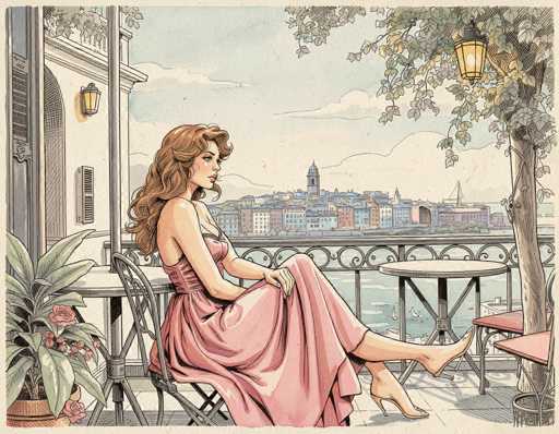 The image is a detailed, hand-drawn illustration of a woman seated on a balcony, exuding a vintage, 1920s-30s aesthetic. She is wearing a long, flowing pink dress that drapes elegantly over her legs, paired with high heels. Her long, wavy brown hair cascades down her back as she gazes off to the right. The balcony itself is adorned with a variety of elements: a potted plant with pink flowers sits to her left, while a tree with a lantern hanging from it stands to her right. The balcony features a mix of furniture, including a small table and chair directly behind her, and another table with red chairs to her right. The background reveals a picturesque cityscape with a body of water, possibly a river or lake, and a distant skyline of buildings. The sky above is a light blue with scattered clouds, adding to the serene and timeless atmosphere of the scene.