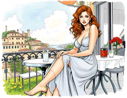 A woman is sitting on a balcony with her legs crossed and wearing a white dress. The balcony overlooks a cityscape of buildings under a blue sky dotted with clouds. On the table in front of her are two cups - one containing coffee and the other filled with water.