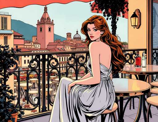 The image depicts a woman sitting on a balcony with her back to the viewer, wearing a long white dress and holding a glass of wine. The balcony is adorned with black wrought iron railings that add an elegant touch to the scene. In the background, there are buildings and trees, suggesting an urban setting.