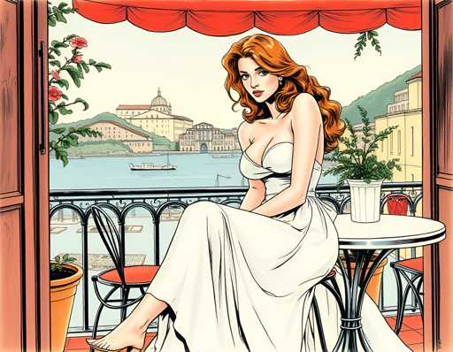 A woman is seated at an outdoor table on a balcony overlooking a body of water and buildings. She is wearing a white dress with long sleeves and has her legs crossed. The scene includes potted plants in the foreground and a red curtain framing the view.