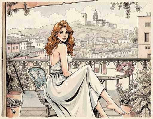 The image is a detailed, hand-drawn illustration of a woman seated on a balcony. She is wearing a white dress and has long, curly red hair. The woman is sitting on a blue chair, with her legs crossed, and she is looking over her shoulder towards the viewer. In front of her is a small table with two glasses, one containing a pink liquid and the other a clear liquid. The balcony is adorned with potted plants and flowers, and there is a railing behind her. To her left, there is a hose and a bucket. The background reveals a picturesque cityscape with various buildings, including a prominent pink building, a brown building, and a large structure with a dome on top. The scene is set against a backdrop of a hill with trees and a cloudy sky, giving it a serene and picturesque atmosphere.