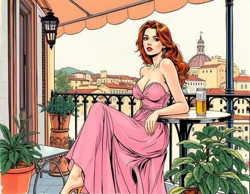 A woman is seated on a balcony with her legs crossed and wearing a pink dress. The balcony has an orange awning that provides shade from the sun. A potted plant is located next to the woman's feet, and there are two other potted plants in the background.