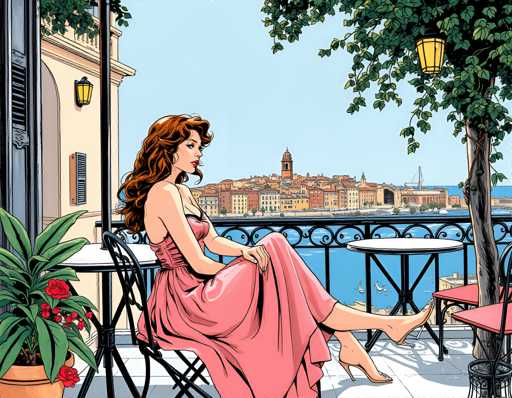 A woman is seated on a bench at an outdoor café, wearing a pink dress and gazing out over the water with a city skyline in the background.