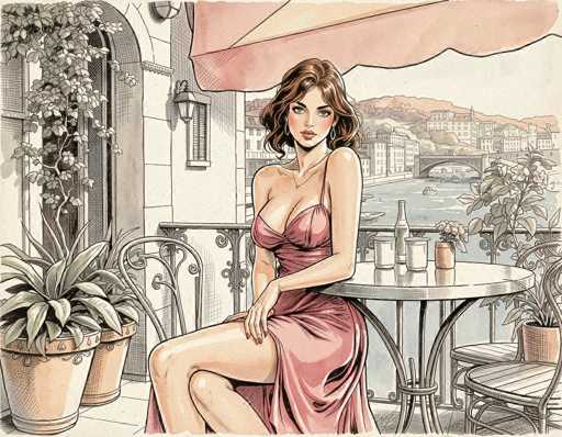 The image is a detailed, hand-drawn illustration of a woman seated on a balcony, likely in a European city, possibly Paris. The woman, who has shoulder-length brown hair, is wearing a low-cut, pink dress that reveals her cleavage and legs. She is seated at a round table with a glass top, which holds a bottle of wine, two glasses, and a vase with flowers. The balcony features a metal railing and is adorned with potted plants, including a hanging plant from an archway on the left side. The background showcases a picturesque cityscape with buildings, a river, a bridge, and mountains, all rendered in a black-and-white style with selective coloring. The woman is the only colored element in the image, emphasizing her vibrant presence against the monochromatic backdrop.