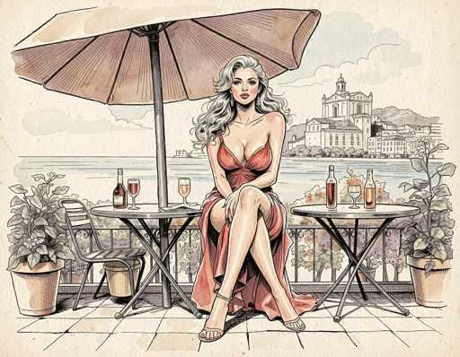 The image is a detailed, hand-drawn illustration of a woman seated at a table on a balcony. She is wearing a red, low-cut dress that reveals her cleavage and legs, and she has long, wavy blonde hair. The woman is barefoot, with her legs crossed, and she is holding a glass of wine in her right hand. The table in front of her is round and has two bottles of wine and two glasses of wine on it. To her left, there is another table with a similar setup. The balcony features a large, brown umbrella above her, and the floor is made of white tiles. In the background, there is a scenic view of a body of water, a large building, and a mountain range. The sky is blue with some clouds. Additionally, there are potted plants on either side of the woman, adding to the serene and picturesque setting.