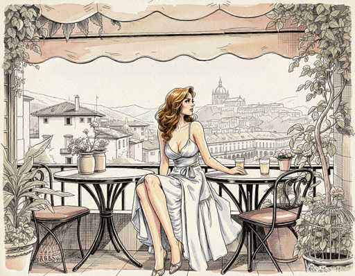 The image is a detailed, hand-drawn illustration of a woman seated at a round table on a balcony, likely in a European city, possibly Italy. The woman, who has long, wavy brown hair cascading over her shoulders, is wearing a white dress with thin straps and a bow at the waist. She is seated on a black chair with a pink cushion, her legs crossed, and she is looking off to the right. The table in front of her holds two glasses of water and is surrounded by two similar chairs. The balcony features a pink awning with a scalloped edge, and the scene is adorned with various potted plants, including a birdcage filled with greenery and a vine with leaves hanging from the top right corner. The background reveals a picturesque cityscape with white buildings, a prominent domed structure, and distant mountains, all rendered in a muted color palette of pinks, greens, and browns. The overall atmosphere is serene and inviting, capturing a moment of quiet contemplation.