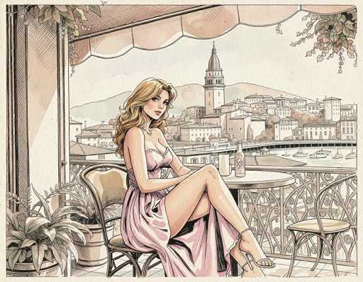 The image is a detailed, hand-drawn illustration of a woman seated on a balcony, likely in a European city, possibly Venice. The woman, who has long blonde hair cascading down her back, is wearing a light pink, strappy dress that reveals her legs and feet adorned with high heels. She is seated on a chair with a cushion, her legs crossed, and she is looking directly at the viewer. In front of her on the table is a beer bottle and a glass mug, suggesting she is enjoying a drink. The balcony is decorated with potted plants and features a railing with a gate. The background showcases a picturesque cityscape with numerous buildings, a bridge, and a body of water dotted with boats. The scene is set against a backdrop of mountains, adding to the serene and scenic atmosphere. The overall color palette of the illustration is predominantly beige, with the woman's dress providing a striking contrast.