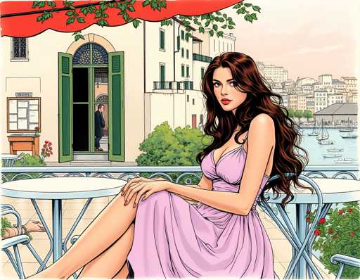 The image depicts a woman sitting on a bench with her legs crossed and wearing a pink dress. The setting is an outdoor scene featuring a building with green shutters and a red roof, as well as trees in the background.