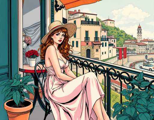 A woman is sitting on a balcony with her legs crossed and wearing a white dress. The balcony has an orange awning that provides shade from the sun. In the background, there are buildings of various sizes and colors, suggesting a cityscape.