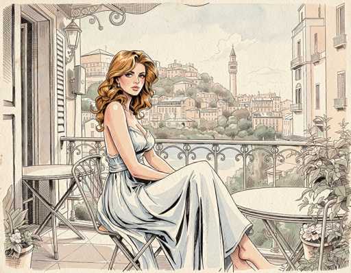 The image is a detailed, hand-drawn illustration of a woman sitting on a balcony, likely in a European city, possibly Paris. The woman, who has long, curly blonde hair cascading down to her waist, is wearing a light blue, sleeveless dress that appears to be made of silk. She is seated on a small, metal chair with a cushion, her legs crossed as she gazes off into the distance. The balcony itself is adorned with various plants in pots and features a small table with a chair, as well as a light fixture. The background reveals a picturesque cityscape with tall buildings, a prominent church spire, and a hill dotted with houses and trees. The sky above is a mix of blue and white clouds, adding to the serene atmosphere of the scene.