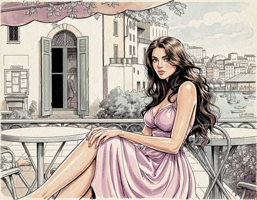 This detailed illustration depicts a woman seated at an outdoor café in a picturesque European setting, possibly reminiscent of Italy. The woman, who has long, wavy brown hair cascading down her back, is wearing a light purple dress with thin straps and a low neckline. She is seated on a chair with her legs crossed, her right hand resting on her knee, and she gazes directly at the viewer with a serious expression. The café table in front of her is round and white, supported by a metal pole, and she is accompanied by another chair to her left. 

In the background, a white building with an arched doorway and open green shutters stands prominently. A man in a gray suit is visible through the doorway, looking out towards the water. The building features a bulletin board with various notices and a small table with a vase of flowers to its right. Further back, a serene body of water is dotted with several boats, and beyond that, a cityscape of tall buildings stretches into the distance under a blue sky with white clouds. The scene is framed by a balcony with a purple awning adorned with hanging leaves, adding to the charming ambiance of the café setting.