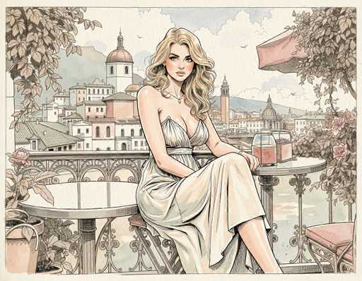 The image is a detailed, hand-drawn illustration of a blonde woman with long, curly hair cascading past her shoulders. She is seated on a balcony, wearing a white, low-cut dress that reveals some cleavage and is cinched at the waist. The woman is positioned on a stool with a pink cushion, facing the viewer, and her left arm rests on a nearby table. On the table, there is a glass filled with a pink liquid, possibly wine or juice, and a small jar containing fruit. The balcony itself is adorned with pink flowers and green leaves, adding a touch of color to the scene. In the background, a picturesque cityscape unfolds, featuring a variety of buildings with domed roofs, some resembling churches, and a mountain range under a blue sky dotted with white clouds. The overall composition is rendered in a light, pastel color palette, giving the image a soft and elegant feel.