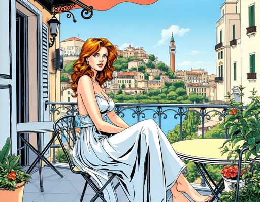 The image depicts a woman sitting on a balcony with her legs crossed and wearing a white dress. The balcony is furnished with two chairs and potted plants. In the background, there is a cityscape featuring buildings of varying heights and a clock tower.