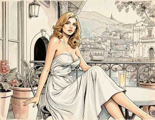 The image is a detailed, hand-drawn illustration of a woman with long, curly blonde hair, seated on a black metal chair on a balcony. She is wearing a white, sleeveless dress that ties around her neck and waist, and her red-painted fingernails are visible as she holds onto the chair. The woman is positioned with her legs crossed, one leg over the other, and she is looking off to the left. In front of her is a white table with a glass of yellow liquid, possibly wine. The balcony features a black metal railing, and to her left are two potted plants with pink roses. Behind her, the balcony is part of a white building with a window and a light fixture. The background reveals a picturesque European cityscape with buildings, a river, and a mountain, all rendered in a black-and-white style with selective color highlights.