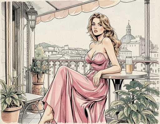 The image is a detailed, hand-drawn illustration of a woman with long, wavy blonde hair, sitting on a balcony. She is wearing a strapless, pink dress that accentuates her cleavage and flows elegantly down to her ankles. The woman is leaning against a round table with a black base and a white top, which holds a glass of beer. Her left arm rests on the table, while her right leg is crossed over her left leg, with her right foot visible. She gazes directly at the viewer with a serious expression.

The balcony features a white floor and is adorned with various potted plants, including a large one in a brown pot to her left and another in a white pot to her right. Above her, an awning with scalloped edges provides shade, and a light fixture hangs from the ceiling. In the background, a cityscape with numerous buildings, including a prominent dome-shaped structure, stretches out under a light blue sky. The overall scene is set in a vibrant, cartoon-like style, capturing the essence of a serene yet sophisticated moment.