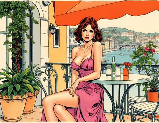 A woman is seated at an outdoor table on a balcony with a view of the ocean and buildings in the distance. She is wearing a pink dress and has her legs crossed. The table is set for two, with potted plants and flowers as centerpieces.
