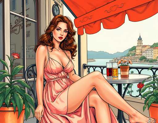 A woman is seated at an outdoor table on a balcony overlooking a cityscape with buildings and a river. The woman wears a pink dress and has her legs crossed as she gazes out over the water. On the table are two glasses of beer and a potted plant.