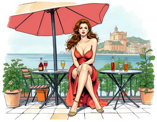 A woman is seated at an outdoor table on a balcony overlooking the ocean. She is wearing a red dress and has her legs crossed. The table is set with two wine glasses filled with red wine and a bottle of wine. A pink umbrella provides shade over the table. In the background, there are buildings visible against the sky.