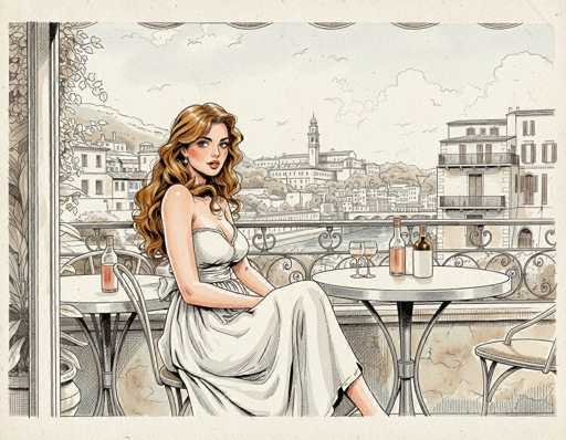 The image is a detailed, hand-drawn illustration of a woman sitting on a balcony, likely in a European city such as Paris or Italy. The woman, who has long, curly, reddish-brown hair cascading down to her waist, is wearing a white dress with thin straps and a low neckline. She is seated on a chair with her legs crossed, looking directly at the viewer. The balcony features two small round tables, each with a bottle of wine and two wine glasses. The background showcases a picturesque cityscape with buildings, a river, and a bridge, all rendered in black and white, contrasting with the woman's colorful depiction. The scene is framed by a white border, enhancing the focus on the central figure.