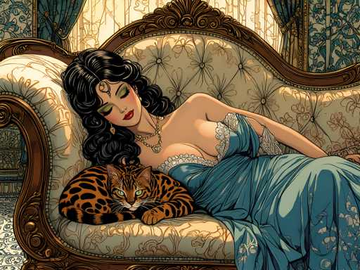 The image depicts a woman lying on a couch with her legs crossed and her head resting on the armrests of the couch. A cat is curled up next to her on the couch's seat. The background features a floral patterned curtain that adds an elegant touch to the scene, suggesting it may be set in a living room or bedroom.