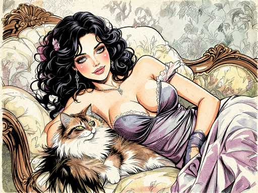 This detailed illustration depicts a woman with long, curly black hair adorned with a pink flower. She is reclining on a luxurious, Victorian-style chaise lounge that features a wooden frame and a white cushion with a floral pattern. The woman is dressed in a low-cut, purple dress with a ruffled edge and a silver necklace. Her makeup includes pink blush, red lipstick, and diamond earrings. Nestled in her lap is a long-haired cat with a mix of brown, black, and white fur, characterized by its yellow eyes and white chest. The background showcases a light green wallpaper with a floral design, enhancing the overall vintage aesthetic of the scene.