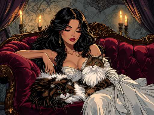 A woman with long dark hair is sitting on a red couch, wearing a white dress and holding two cats - one brown and the other black and white. The room has a pink wall and a gold curtain, creating an elegant atmosphere.