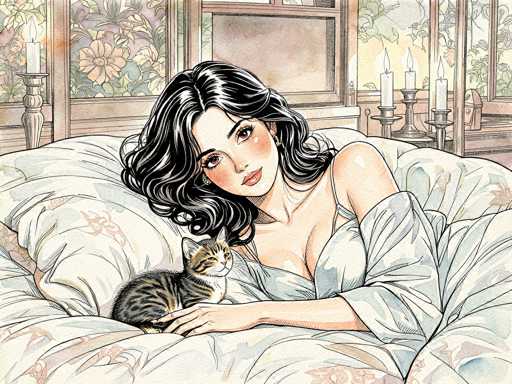 This detailed illustration depicts a woman with long, wavy black hair and striking red eyes, reclining on a bed adorned with a white and blue floral-patterned comforter. She is dressed in a light blue nightgown that drapes off her left shoulder, revealing a hint of cleavage. Her head rests on a pillow, and she gazes directly at the viewer with a serene expression. Nestled in her left arm is a small kitten with a white chest, white ears, and a coat of brown and black stripes. The background features a series of windows framed in brown wood, each adorned with white candles in silver candlesticks. The windows offer a view of lush greenery and vibrant flowers, adding a touch of nature to the cozy indoor scene.