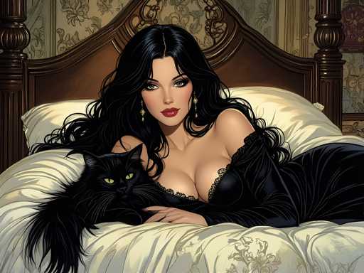 The image depicts a woman lying on her stomach on a bed with a black cat curled up next to her. The woman is wearing a black dress and has long dark hair. The background features a floral patterned headboard and a white wall.