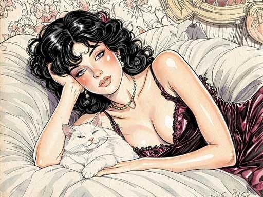 This detailed illustration depicts a woman with long, curly black hair adorned with a pink barrette. She is reclining on a bed with white sheets and a white pillow, her head resting on her hand. The woman is dressed in a low-cut, silky red dress that reveals some cleavage, and she wears a gold necklace. Her makeup includes pink blush on her cheeks and pink lipstick. Beside her, a white cat with a pink nose and blue eyes is nestled on the bed, its paws resting on the woman's arm. The background features a floral wallpaper with pink and white flowers, and a light brown headboard is visible in the upper right corner. The overall scene exudes a sense of relaxation and comfort.