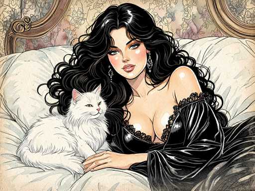 This detailed illustration depicts a woman with long, wavy black hair cascading down to her chest, adorned with diamond earrings. She has striking blue eyes, pink lips, and a fair complexion. The woman is reclining on a bed with white pillows and a white blanket, her head resting on her right hand. She is dressed in a black, lacy nightgown that reveals her cleavage and shoulders. A white cat with yellow eyes and pink ears is nestled beside her, gazing off to the right. The background features a floral-patterned wallpaper in shades of pink, blue, and purple, along with two ornate, oval-shaped mirrors with gold frames. The overall scene is rendered in a cartoon style, emphasizing the woman's serene and elegant presence.