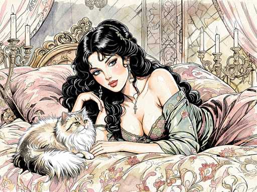 This detailed illustration depicts a woman with long, curly black hair adorned with a headband, lying on a bed. She is dressed in a green nightgown with a low-cut neckline, and she wears a necklace. Her head is tilted to the left, and she gazes off into the distance. Beside her, on the left side of the image, is a long-haired cat with a white and brown coat, looking directly at the viewer. The bed they are on is covered with a pink and white floral-patterned blanket, and it features a gold headboard. Behind them, there are two candelabras with white candles, one on each side of the bed. The background includes a window with pink curtains and a gray wall, adding to the serene and elegant atmosphere of the scene.