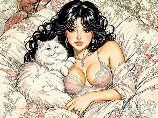 This detailed illustration depicts a woman with long, wavy black hair adorned with white highlights. She is reclining on a bed covered with a floral-patterned comforter that features pink, red, and yellow flowers. The woman is dressed in a lacy, see-through nightgown with thin straps and a low neckline, revealing her cleavage. She accessorizes with a silver necklace that has a pendant, dangling earrings, and a ring on her left hand. Her makeup includes pink lipstick, and she has a slight smile on her face. A fluffy white cat with yellow eyes is nestled in her lap, looking directly at the viewer. The overall scene is rendered in a cartoon style, with the woman and cat being the central focus of the image.