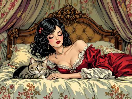 A woman is lying on her stomach on a bed with a cat curled up next to her. The bed has white sheets and a gold headboard.