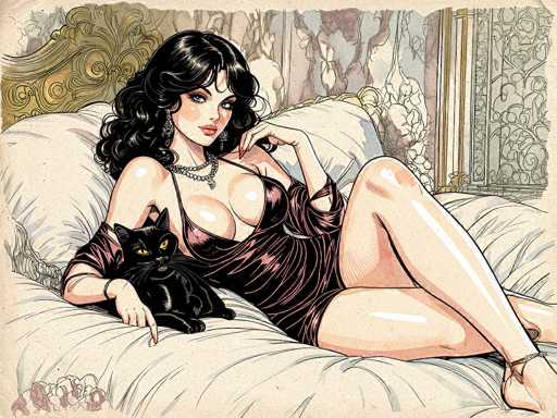 The image depicts a detailed, hand-drawn illustration of a woman with long, curly black hair and striking blue eyes. She is reclining on a bed adorned with white sheets and pillows, leaning against a gold headboard. The woman is dressed in a low-cut, purple dress that reveals her cleavage, and she accessorizes with a silver necklace and bracelets on both wrists. Her left hand is raised to her chin, showcasing her red-painted fingernails, while her right hand rests on the bed. A black cat with yellow eyes is nestled beside her, adding to the scene's intimate atmosphere. The background features a floral-patterned wall, enhancing the overall vintage aesthetic of the image.