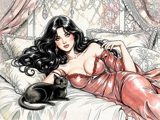 This detailed illustration depicts a woman with long, wavy black hair and striking green eyes, reclining on a bed adorned with white sheets and floral-patterned pillows. She is dressed in a shiny, red nightgown that accentuates her cleavage, and she wears gold earrings. Her right hand is raised to her shoulder, while her left arm rests on the bed. A black cat with yellow eyes sits beside her, gazing directly at the viewer. The background features a white headboard with a floral design, pink curtains, and a window with a white frame. The overall scene is rendered in a cartoon style, with the woman's face and the cat's eyes being the most prominent and detailed elements.