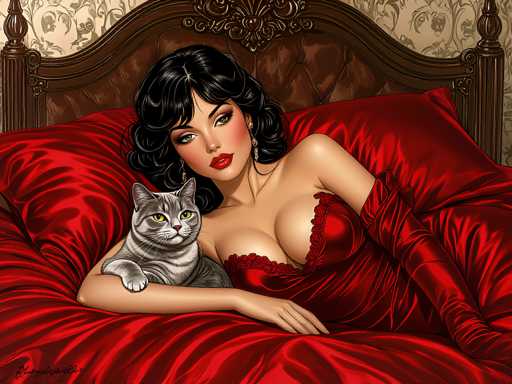 The image depicts a woman lying on her stomach on a bed with a cat curled up next to her. The woman is wearing a red dress and has long dark hair. The background features a floral patterned wallpaper that complements the overall color scheme of the scene.