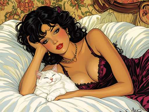 A woman with curly hair is lying on a white bedspread and wearing a purple dress. A cat is sitting next to her on the bed.
