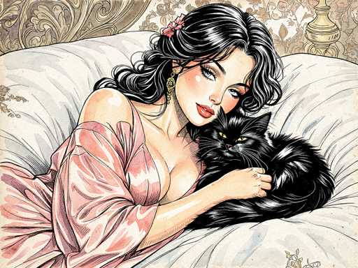 This detailed illustration depicts a woman with long, wavy black hair adorned with a pink flower clip. She is reclining on a large, fluffy white bed, wearing a low-cut pink dress that reveals her cleavage. Her makeup includes red lipstick, and she accessorizes with gold earrings. The woman is holding a black cat with striking yellow eyes, which gazes back at her. The background features a light brown wall with a floral pattern, and a golden lamp is visible in the top right corner. The overall scene exudes a sense of tranquility and elegance, with the woman appearing relaxed and content in her luxurious surroundings.