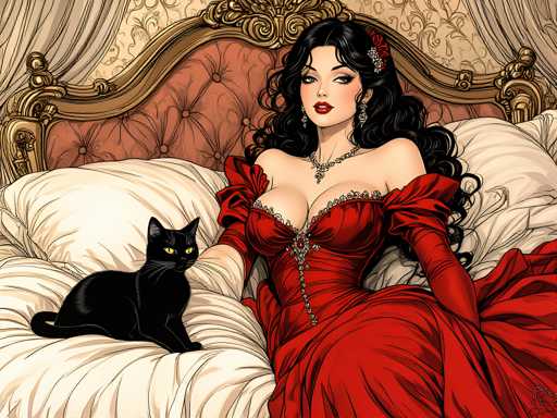 The image depicts a woman wearing a red dress and sitting on a bed with her black cat. The background features a white curtain and gold trimming, creating an opulent setting for the scene.