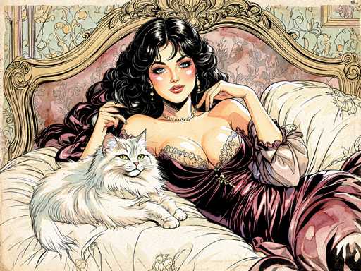 The image depicts a detailed, cartoon-style drawing of a woman reclining on a bed. She has long, wavy black hair and is wearing a purple dress with a lace bodice and a corset-like tie at the waist. Her dress features puffy sleeves that extend to her elbows. The woman has blue eyes, pink lips, and is adorned with a pearl necklace and earrings. She is leaning against a large, ornate headboard that is gold with pink accents, and the bed itself is covered with a white comforter. A long-haired white cat with yellow eyes is positioned to her left, gazing directly at the viewer. The background features a light blue wallpaper with a floral pattern and a partially visible picture frame in the top right corner. The overall style of the image is reminiscent of a comic book or graphic novel.