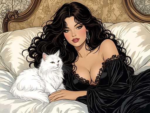The image depicts a woman with long dark hair lying on her stomach on a bed, wearing a black dress and holding a white cat. The background features a beige wall with gold accents, including a mirror and a window.