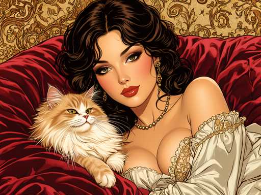The image depicts a woman with long brown hair and dark eyes lying on a red couch, wearing a white dress. A cat is sitting next to her on the couch. The background features a gold and red patterned fabric.