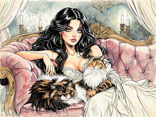 A beautiful, stylized illustration of a woman with long, flowing black hair and piercing blue eyes, adorned in an ornate, pale cream-colored gown with delicate lace detailing. She is reclining comfortably on a plush, pink velvet chaise lounge, cradling two fluffy cats – one a long-haired brown and white Persian with striking green eyes, the other a similar breed but with a more golden-colored coat. The woman's hands gently rest on the cats, and her expression is serene and captivating. She wears elegant gold earrings and a subtle, ornate necklace. The background features a softly textured, light blue and cream-colored backdrop with delicate floral patterns and sheer curtains. The overall style is reminiscent of a vintage fashion illustration, with a focus on intricate details and soft lighting. The color palette is muted yet rich, emphasizing the luxurious textures of the fabrics and fur.