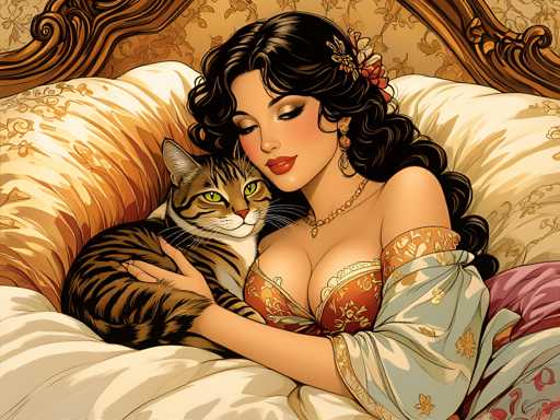 A woman with long dark hair is lying on a bed and holding a cat that has brown and black stripes. The cat's fur appears to be white as well.