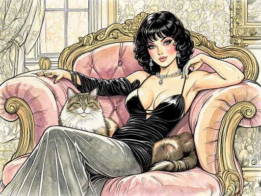 The image depicts a detailed cartoon drawing of a woman seated on a luxurious pink couch with gold trim. The woman, who has black hair styled in curls and adorned with long earrings, is wearing a black dress with thin straps and a gray skirt. She has a fair complexion, pink lips, and is accessorized with a diamond necklace. Her legs are crossed, and she is leaning back on the couch, with her left arm resting on the backrest and her right arm on the armrest. A large, fluffy cat with a white chest and brown fur sits on her lap, looking directly at the viewer. The background features a window with a white curtain, floral wallpaper, and a gold-framed picture hanging on the wall. The overall scene exudes a sense of elegance and comfort.