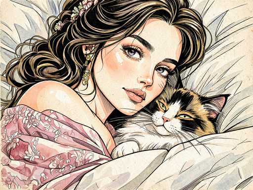 A detailed, hand-drawn illustration in a vintage-style aesthetic depicts a woman nestled in bed with a cat. The woman has long, flowing dark hair adorned with a floral headband and wears delicate gold earrings. Her skin has a warm, slightly rosy tone, and her eyes are large and expressive with detailed eyelashes. She's wearing a light pink and white patterned robe, partially draped over her shoulder. A fluffy black and white cat with striking green eyes is curled up next to her, its face resting on the woman's arm. The background is a soft, textured beige with subtle shading and a slightly aged paper effect. The overall style evokes a romantic, vintage illustration reminiscent of old-fashioned book illustrations or fashion sketches.